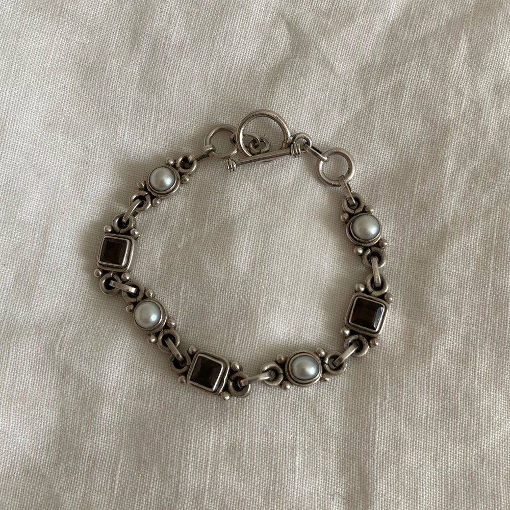 Vintage 1970s Silver Pearl and Brown Gem Chain Bracelet
